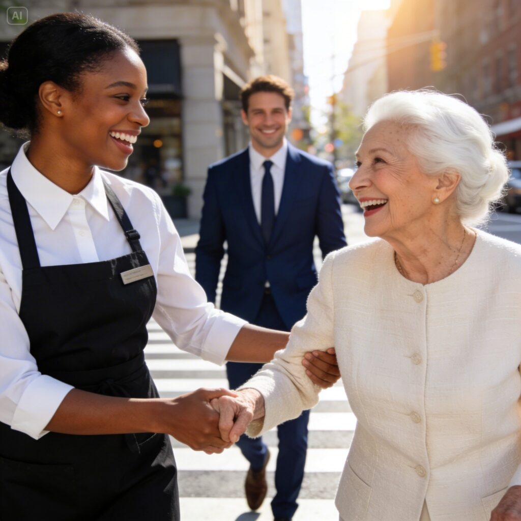 A POOR BLACK WAITRESS HELPS AN ELDERLY WOMAN CROSS THE STREET, UNWARE THAT THE WOMAN’S BILLIONAIRE SON IS WATCHING HER.
